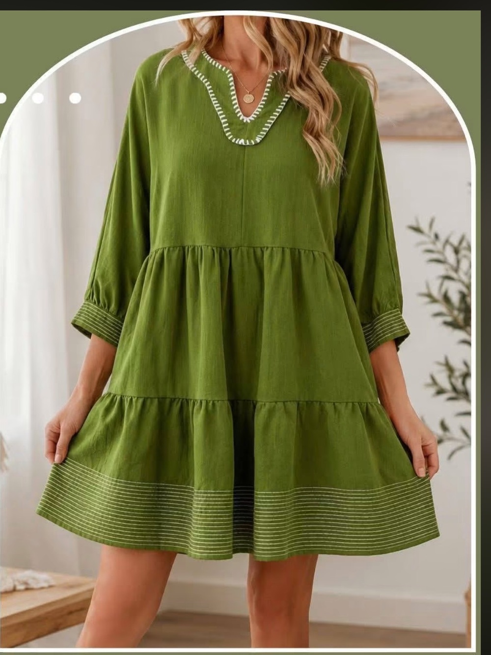 NWOT Relaxed Olive Tiered V-Neck Mini Dress